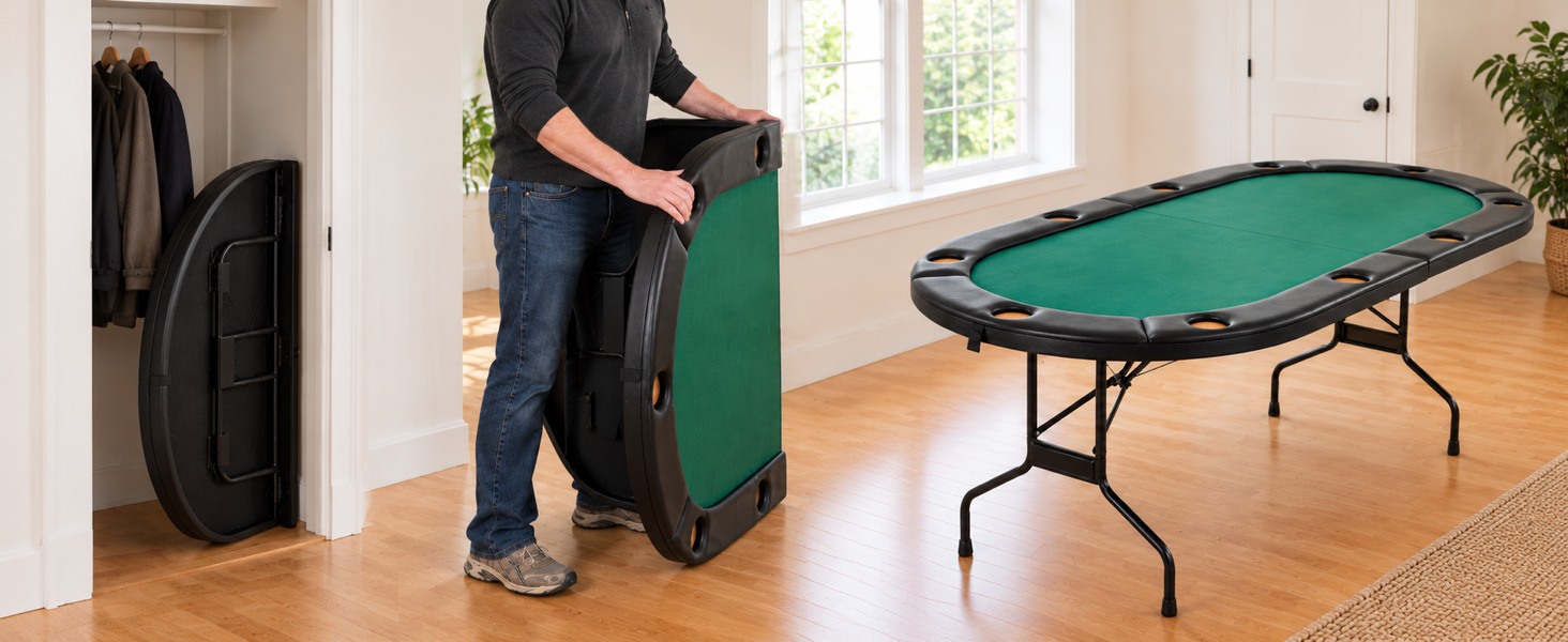 The table folded into its carrying case and set up in a home